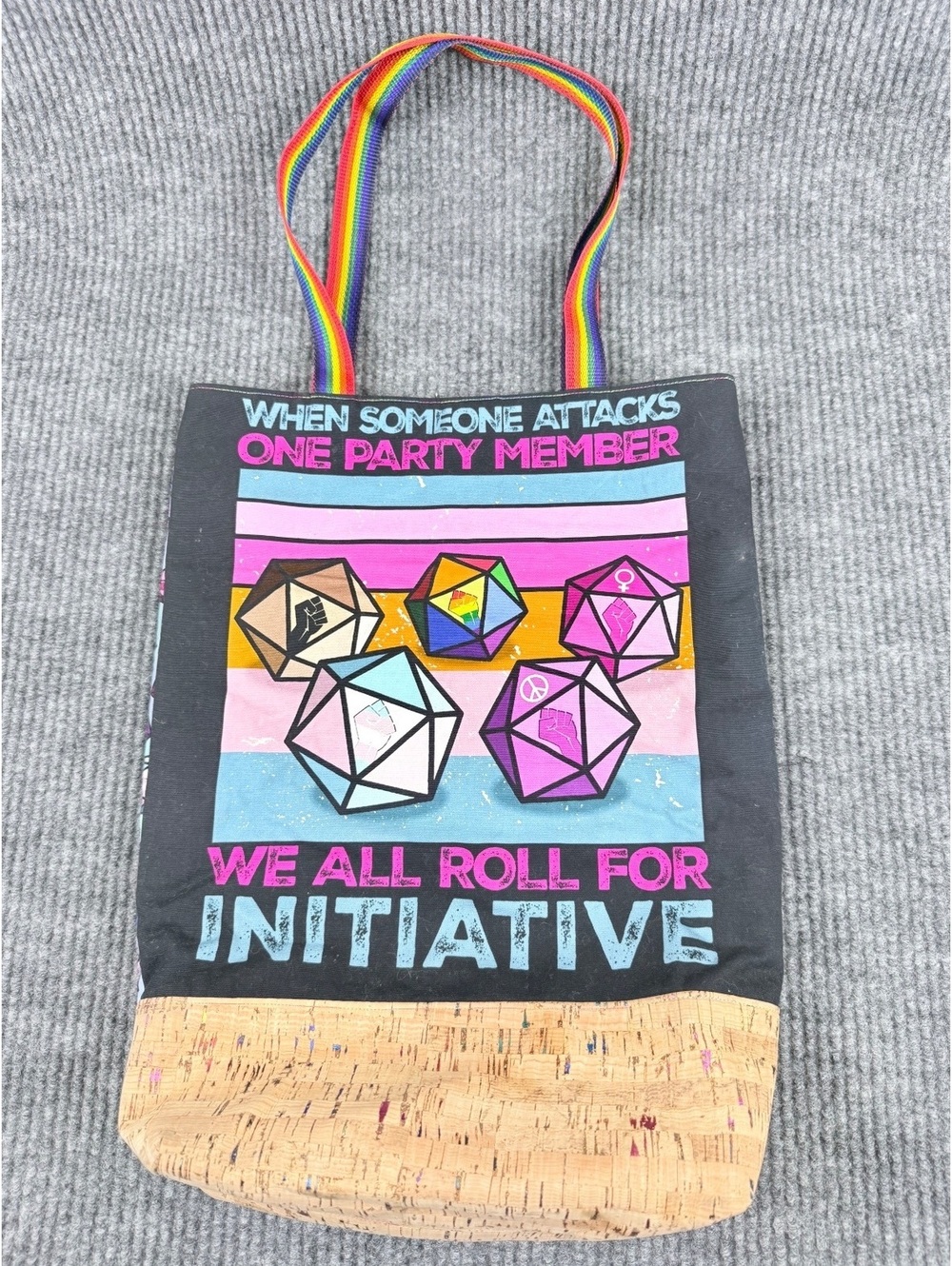 Pride D&D Dice Tote Bag Cork Rainbow RPG Roll Initiative Large 14x17
